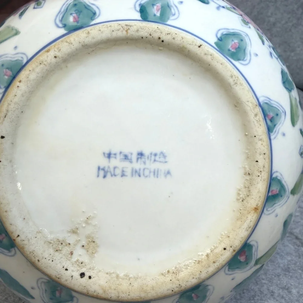 Vintage Chinese Porcelain Floral Bowl Hand Painted Pink Green Lotus Ginger Jar